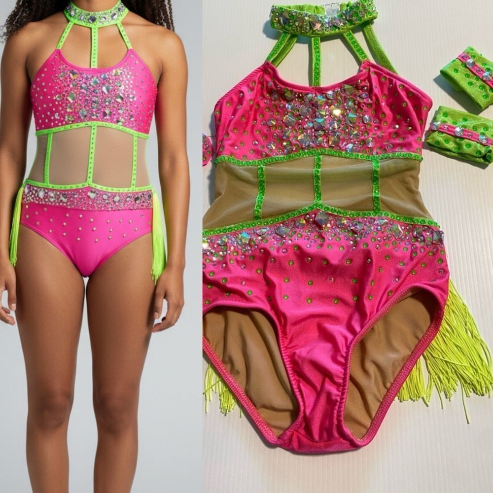 Glamour solo dance costume hot pink sassy embellished illusion MC-medium child